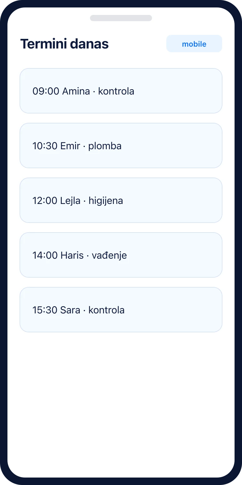 DentOrd kalendar na telefonu — današnji termini