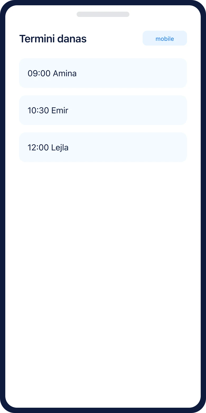 DentOrd kalendar na telefonu — današnji termini